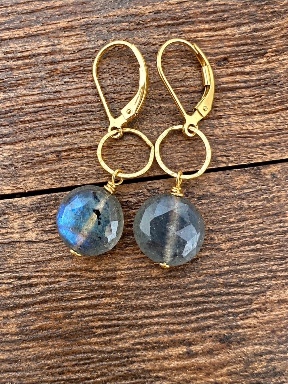 Gold Toned Labradorite Drop Earrings - Blue-Gray Faceted Gemstones Handmade